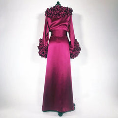 Silk Burgundy Long Sleeve Tiered Ruffles Sleepwear Nightgown Robe