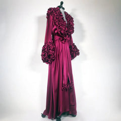 Silk Burgundy Long Sleeve Tiered Ruffles Sleepwear Nightgown Robe