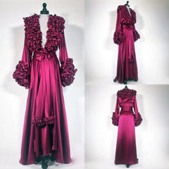 Silk Burgundy Long Sleeve Tiered Ruffles Sleepwear Nightgown Robe
