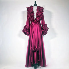 Silk Burgundy Long Sleeve Tiered Ruffles Sleepwear Nightgown Robe