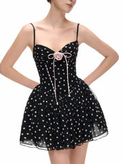 Black Polka Dot 3D Flower Mini Dress