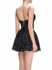 Black Polka Dot 3D Flower Mini Dress