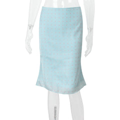 Satin Blue Polka Dot Lace Trim Midi Skirt