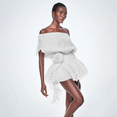 Off-Shoulder 3D Flower Ruffle Mini Dress