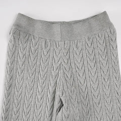 Grey Knitted Zipper Hooded Jacket And Wide Leg Pants Set