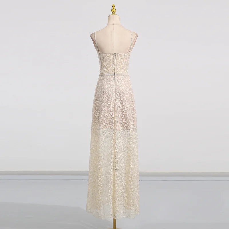 Beige lace dress on a mannequin - back view