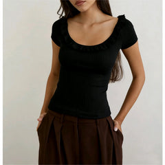 Ruffle Scoop Neck Short Sleeve Knitted T-Shirt