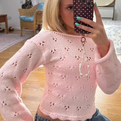 Pink Front Tie Hollow Out Knit Cropped Top