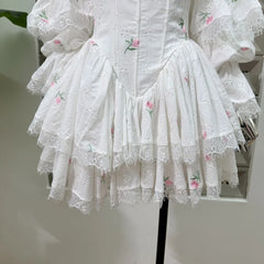 White Square Collar Puff Long Sleeve Lace Trim Floral Embroidered Mini Dress