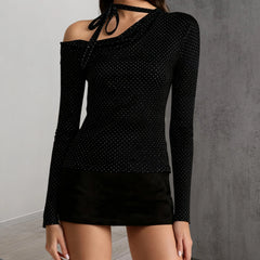 Tie-up Strap Dot Print Off The Shoulder Long Sleeve Top