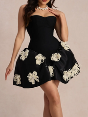 Black Strapless 3D Flower Flare Mini Dress