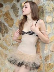 Beige Layered Strappy Top And Tulle Mini Skirt Set