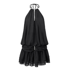 Pearl Halter Neck Open Back Frill Mini Dress