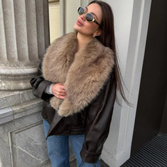 Faux Fur PLush Collar Pu Leather Jacket
