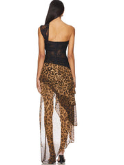 Lace One Shoulder Leopard Print Ruffle Asymmetrical Hem Midi Dress