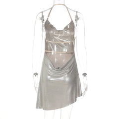 Silver Floral Embroidred Cowl Backless Mini Dress