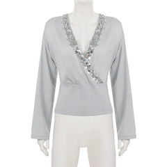 Grey V-neck Cut Sequin Trim Top