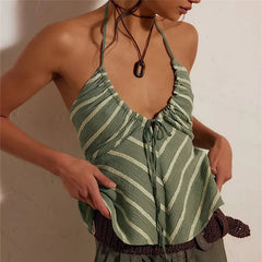 Striped Drawstring Halter Tie Up Top