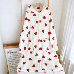 Print Flannel Nightgown Hooded Bathrobe