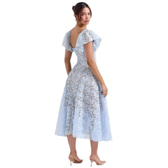 Blue Lace Flare Sleeve Midi Dress