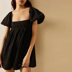 Puff Sleeve Babydoll  Square Neck Tie Back Mini Dress