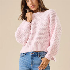 Pink Textured Ribbed Trim Crew Neck Top
