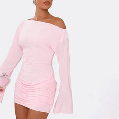 Pink Off-Shoulder Long Sleeve Ruched Mini Dress