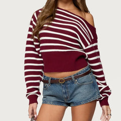 Red Off Shoulder Long Sleeve Stripes Pullovers Top