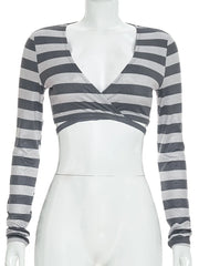 Striped Deep V-Neck Long Sleeve Crop Top