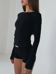 Button Long Sleeve Hollowed Out Top