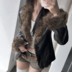 Fur Trim Faux Leather Motorcycle Jacket