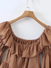 Brown Off Shoulder Long Sleeve Frill Mini Dress