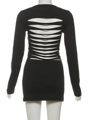 Black Long Sleeve Slit Out Desgin Back Mini Dress