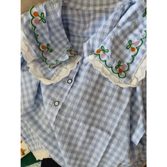 Plaid Peter Pan Collar Puff Sleeve Embroidery Blouse