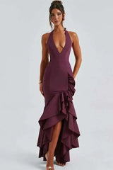 Deep V-neck Ruffles High Split Maxi Dress