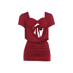 Cowl Low Neck Short Sleeve Bandeau Tie Up Mini Dress