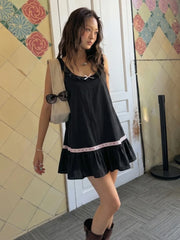 Bow Tie Sleeveless Trim Babydoll Mini Dress