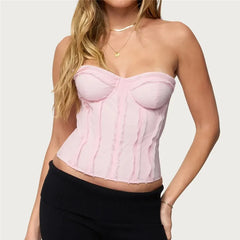 Pink Seam Trim Strapless Lace-Up Bustier Top