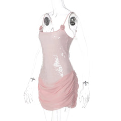 Sequin 3d Flower Strappy Mesh Patchwork Mini Dress