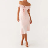 Pink off-shoulder dress worn by a model