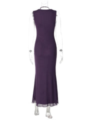 Purple Halter Off-Shoulder Mesh Maxi Dress