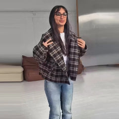 Plaid Asymmetric Button Stand Collar Jacket