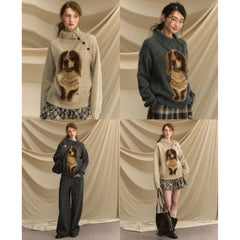 Dog Jacquard Knitted Button-Up Lapel Sweater