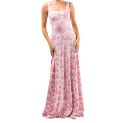 Pink Printed Square Neck Long Dress with Scarf