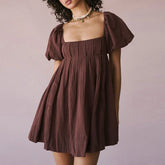 Puff Sleeve Babydoll  Square Neck Tie Back Mini Dress