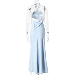 Satin Halter Lace Trim Maxi Dress