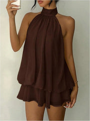 Halter Neck Open Back Ruffle Waist Mini Dress