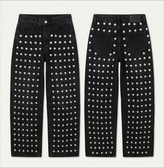 Rivet Decoration Straight High-Waisted Denim Jeans