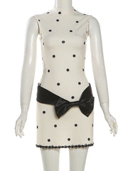 White Polka Dot Print Bow Desgin Mini Dress