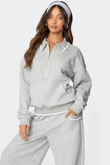 Lace Trim Long Sleeve Collared Sweatshirt with Front Pocket and Wide Leg Sweatpants Set